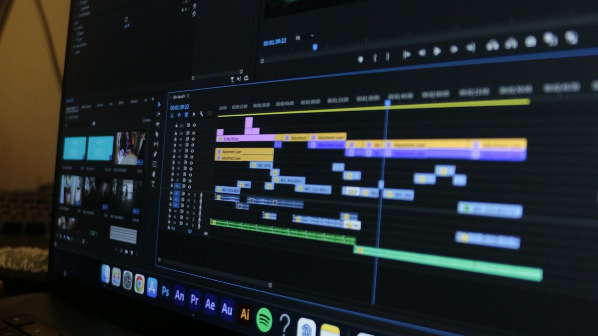Video editing software open on a laptop screen
