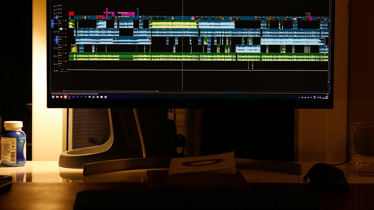 A computer monitor showing a video editing timeline at night